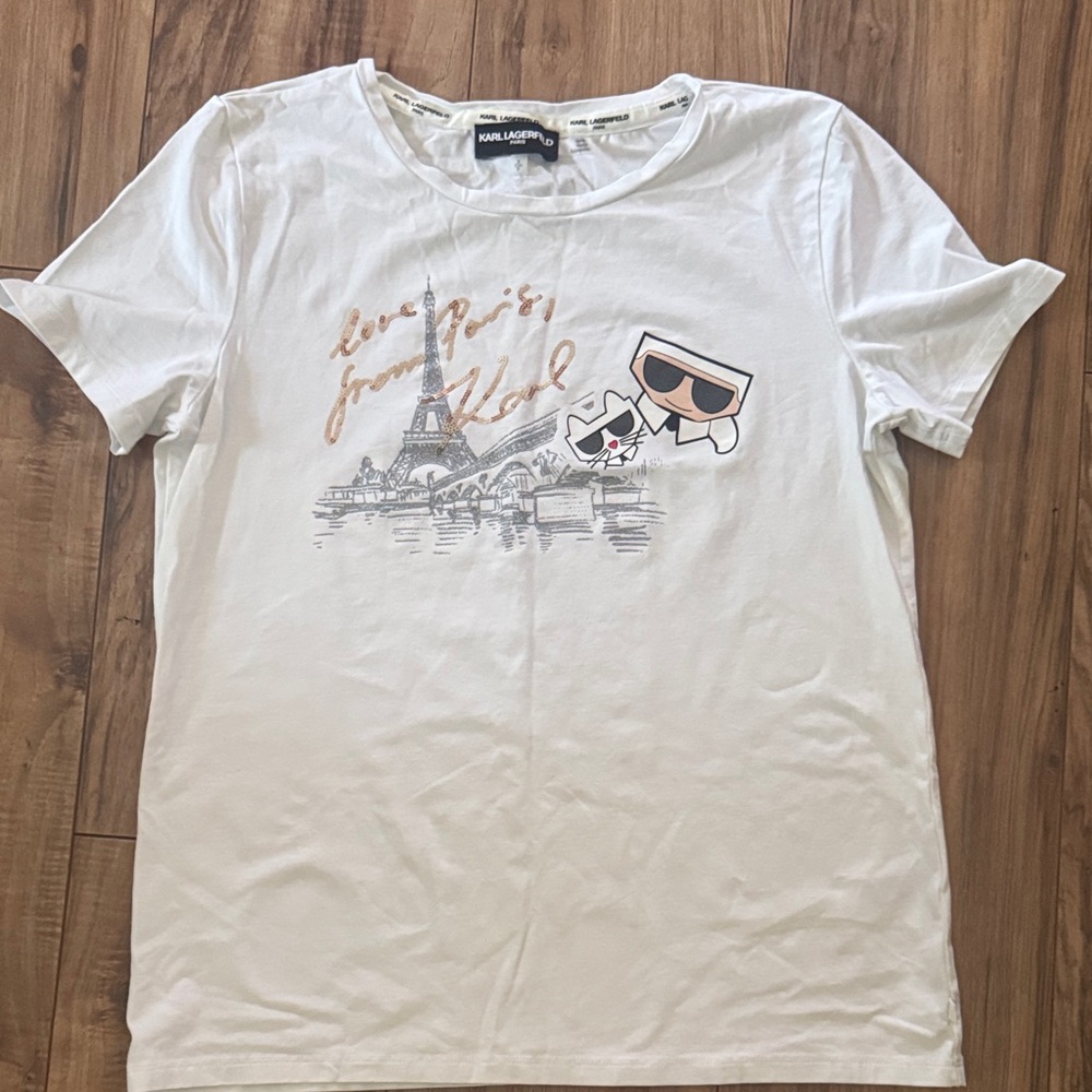 Karl Lagerfeld White Tee with Paris Graphic and Metallic Script